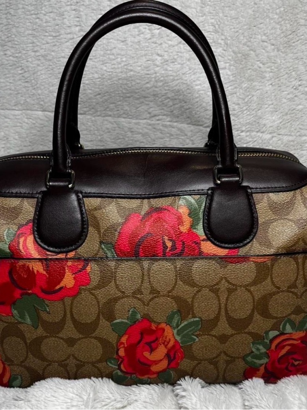 Coach Brown Signature Satchel with Red Floral Print - Picture 9 of 11
